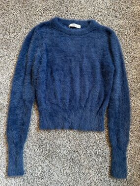 ZARA Deep Blue Fuzzy Crewneck Sweater